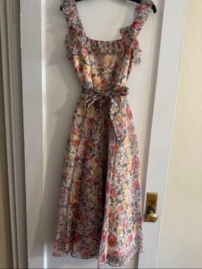 Mikael Aghal Floral Ruffled Sleeveless Dress in Cream, Pink, Yellow